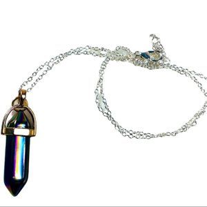 Rainbow titanium aura quartz double hex stone pendant on silver chain
